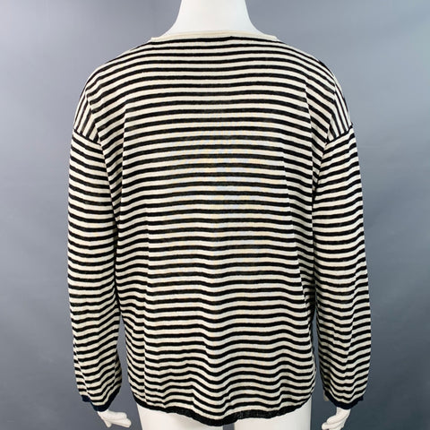 MAX MARA Size L White Black Linen Stripe Boxy Crew Neck Pullover