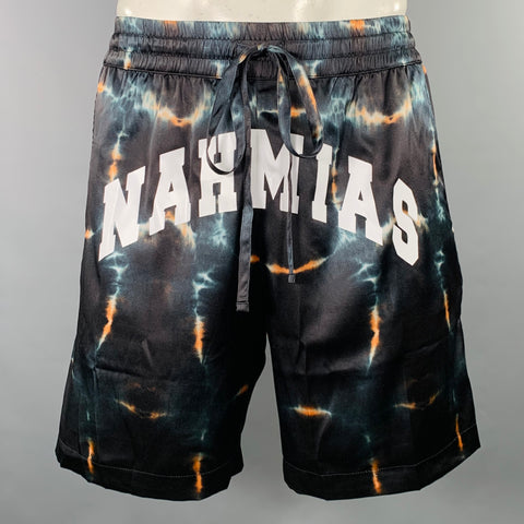 NAHMIAS Short de jogging en mélange de soie avec logo noir et blanc, taille L
