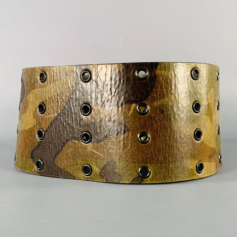 PLEIN SUD Green Brown Camouflage Leather Wide Belt