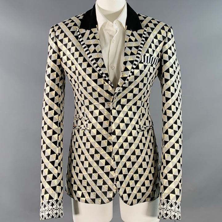 HAIDER ACKERMANN Size 34 Black White Gold Textured Geometric Tuxedo Sport Coat