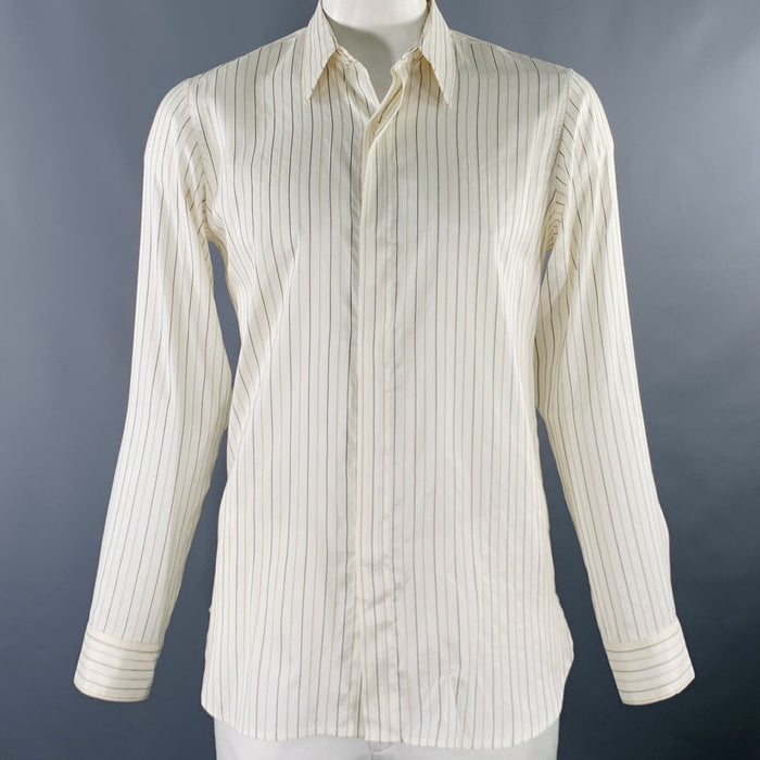 DRIES VAN NOTEN Size 42 Cream Brown Stripe Silk Cotton Long Sleeve Shirt