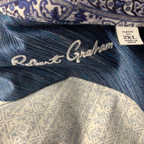 ROBERT GRAHAM Size XXL White Blue Geometric Cotton Blend Long Sleeve Shirt