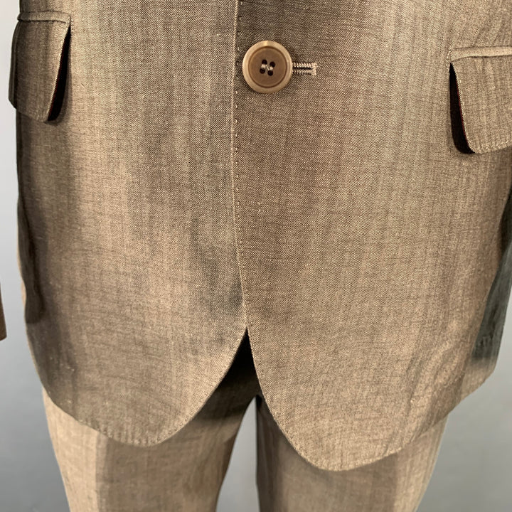 BRUNELLO CUCINELLI Size 38 Brown Herringbone Linen Wool Silk Peak Lapel Suit
