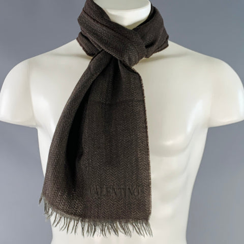 VALENTINO Brown Olive Herringbone Wool Fringe Scarf