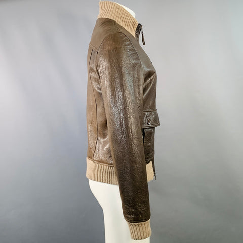 DANIELE ALESSANDRINI Size S Brown Ribbed Leather Bomber Jacket