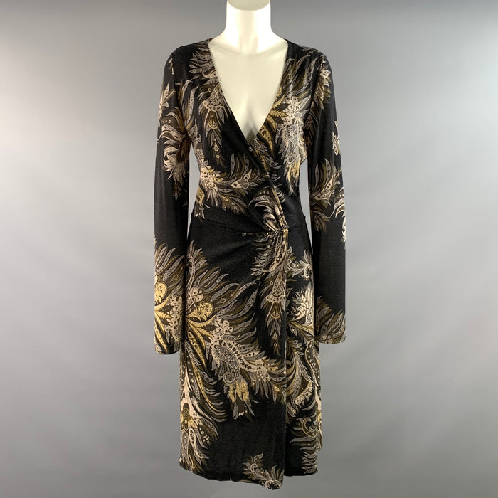 ETRO Size 6 Black Cream Wool Blend Paisley V Neck Knee Length Dress