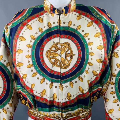 GUCCI Size 36 Beige Multi Color Graphic Silk Blouson Jacket