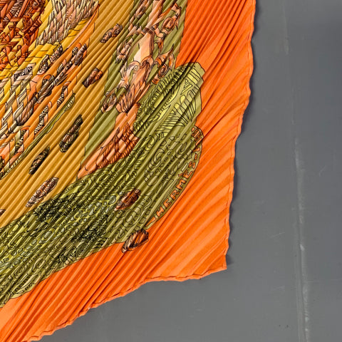 HERMES Orange Green Pleated Silk Scarves