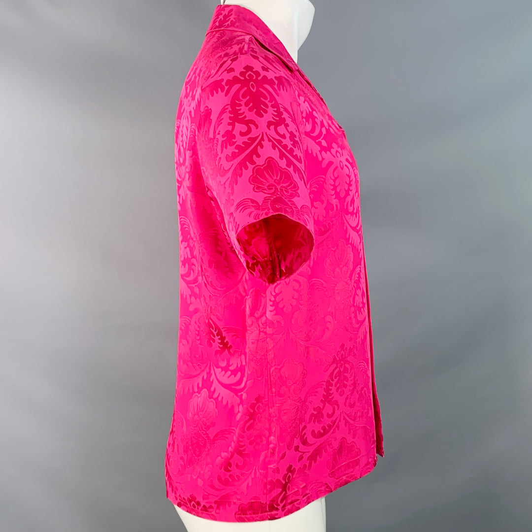 VERSACE Size S Pink Fuchsia Damask Silk Camp Short Sleeve Shirt
