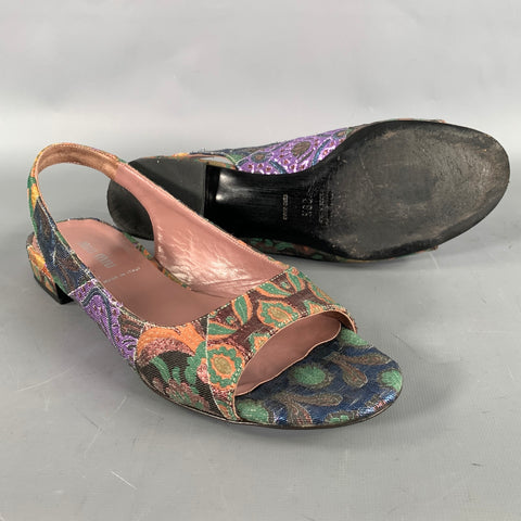 MIU MIU Size 8.5 Green Multi-Color Jacquard Slingback Sandals