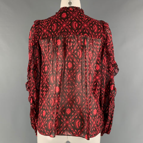 ULLA JOHNSON Taille 2 Rouge Noir Soie Abstrait Col en V Haut Décontracté