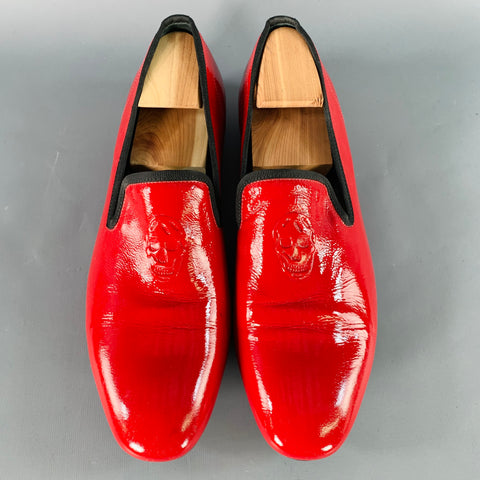 ALEXANDER MCQUEEN Size 12 Red Black Embossed Skull Patent Leather Slip On Loafers
