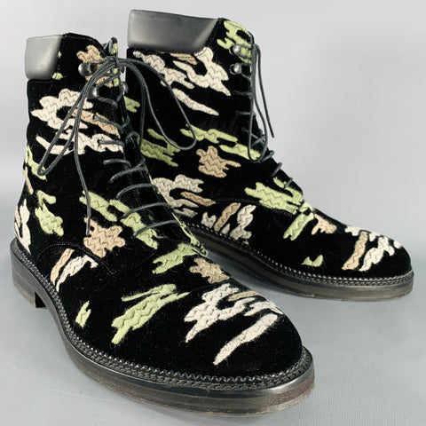 EMPORIO ARMANI Size 10 Black Green Grey Camouflage Embroidery Velvet Lace-Up Boots