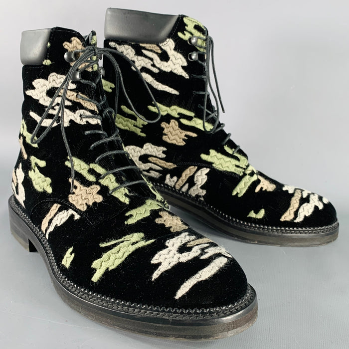 EMPORIO ARMANI Size 10 Black Green Grey Camouflage Embroidery Velvet Lace-Up Boots