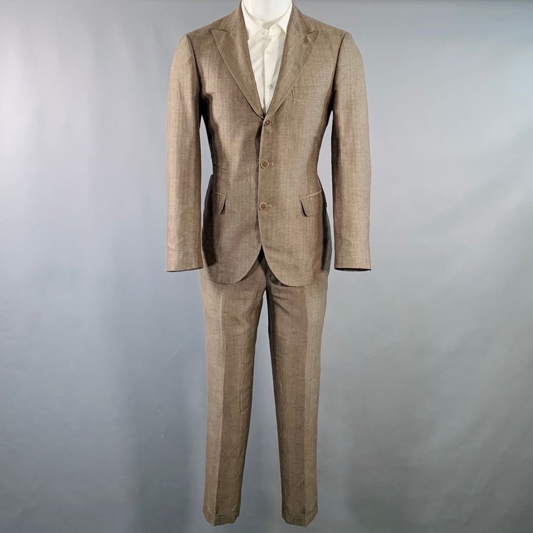 BRUNELLO CUCINELLI Size 38 Brown Herringbone Linen Wool Silk Peak Lapel Suit
