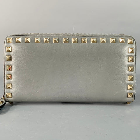 VALENTINO Rockstud Grey Gold Studded Leather Checkbook Wallet