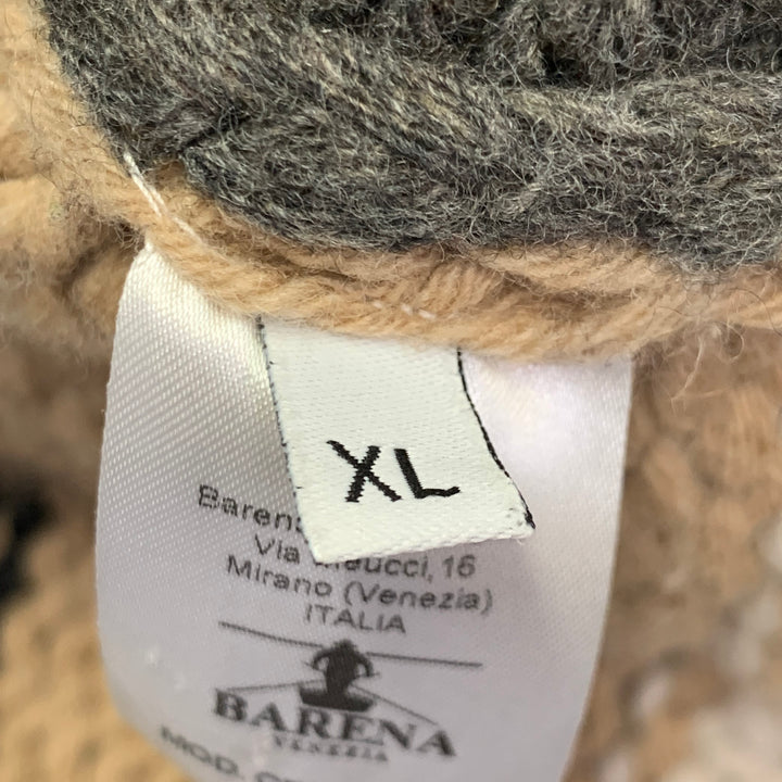 BARENA Size XL Grey Tan Brown Patchwork Virgin Wool Shawl Collar Cardigan