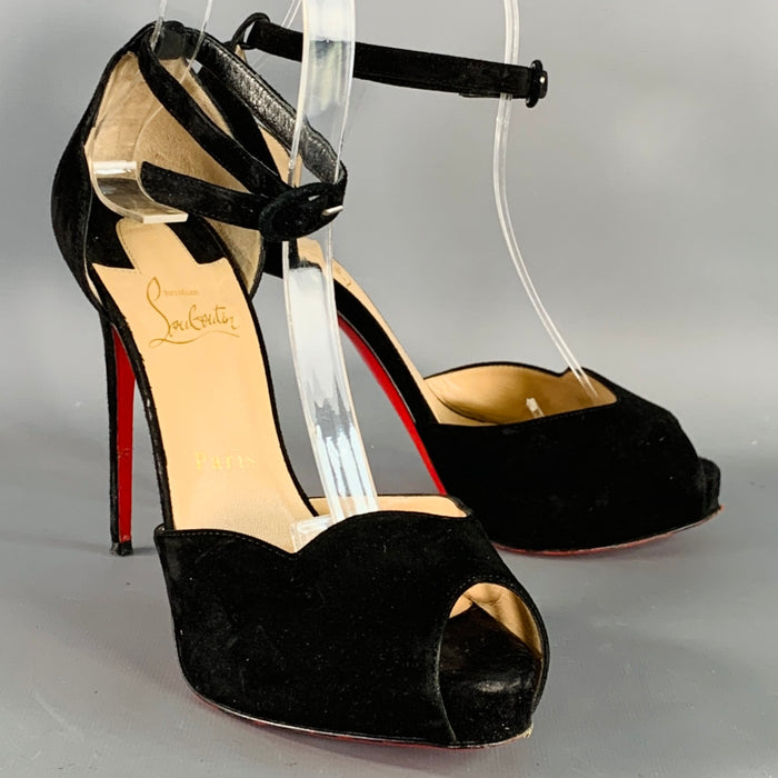 CHRISTIAN LOUBOUTIN Size 7.5 Aketata 120 Black Red Suede Ankle Strap Sandals