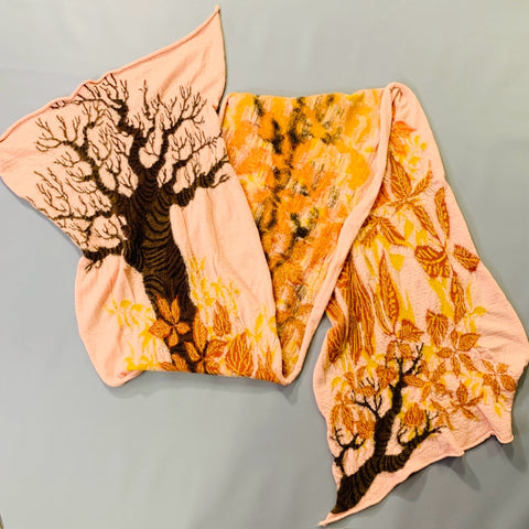 KAPITAL Pink Orange Brown Falling Leaves Tree Oversized Wool Scarf