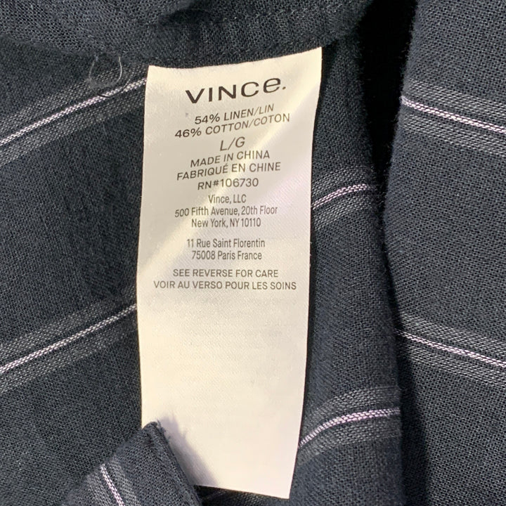 VINCE Size L Black Grey Stripe Linen Cotton Classic Fit One Pocket Short Sleeve Shirt
