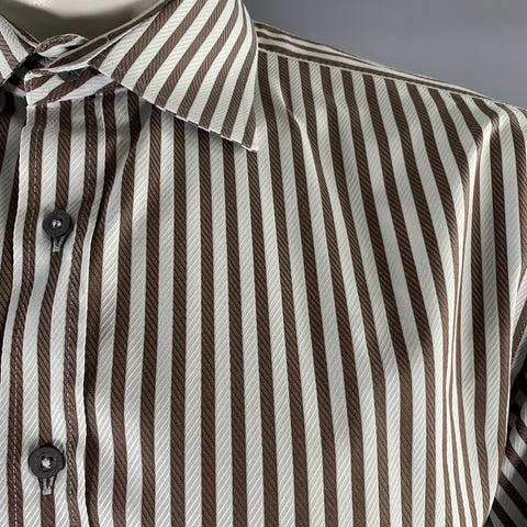 PAUL SMITH Size XL White Brown Striped Cotton Long Sleeve Shirt