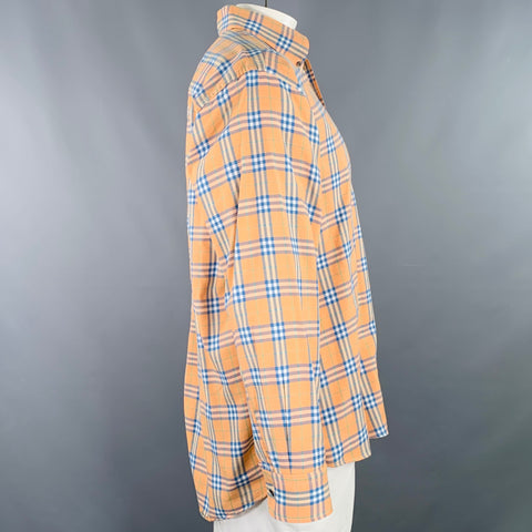 BURBERRY LONDON Size L Orange Blue Plaid One Pocket Long Sleeve Shirt