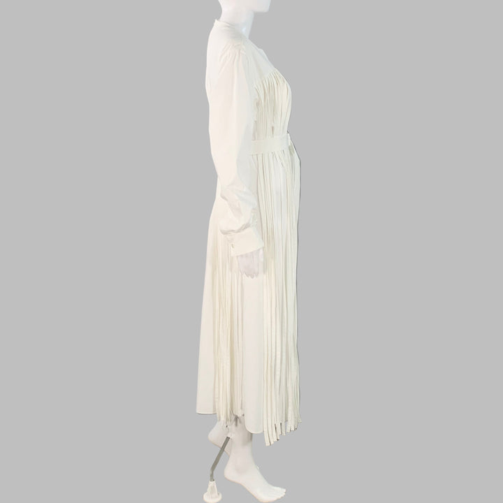 MANTU Size M White Cotton Fringe Belted Midi Dress