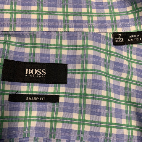 Chemise à carreaux manches longues HUGO BOSS, taille L, bleue, blanche et verte