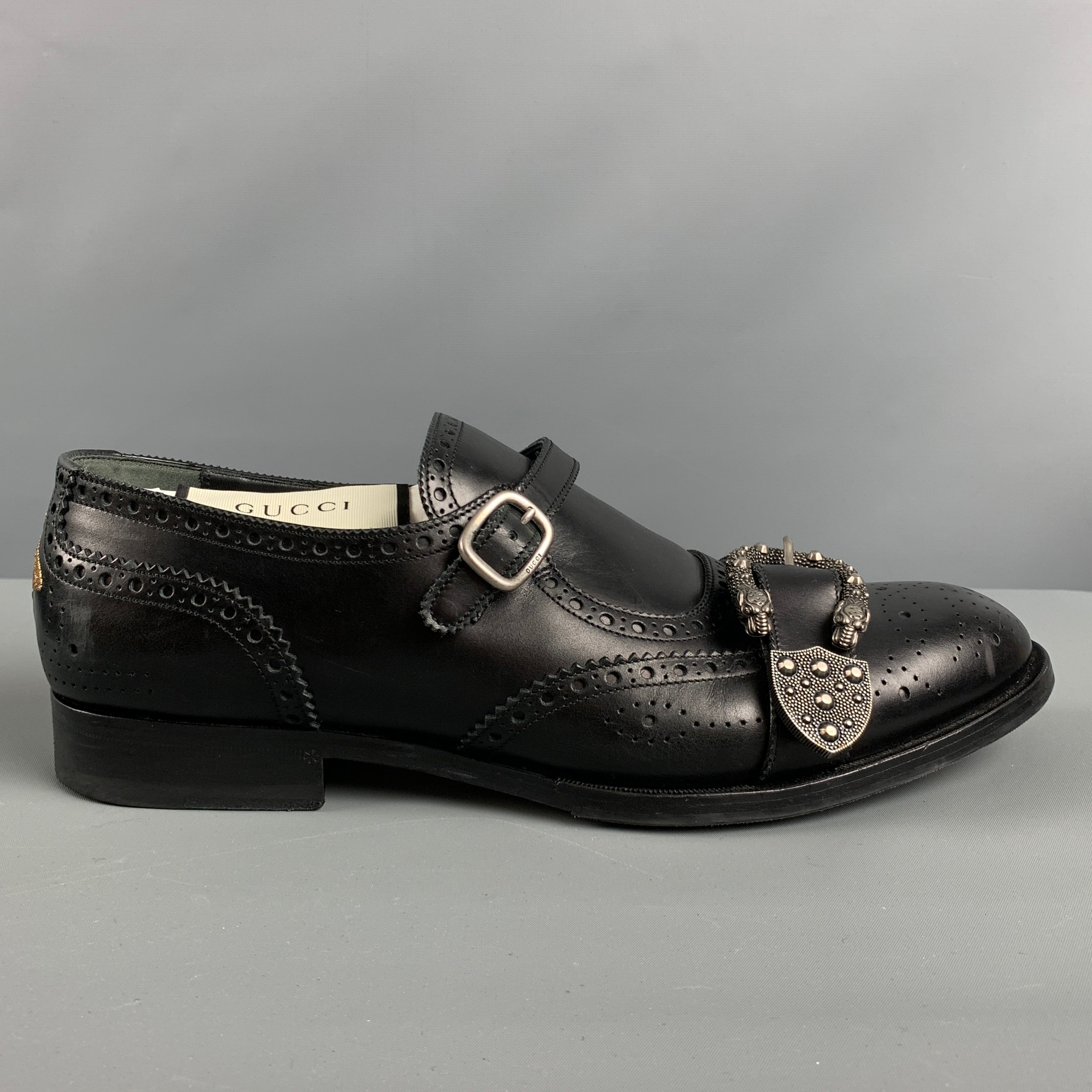 GUCCI Size 11.5 Black Wingtip Leather Double Monk Strap Loafers