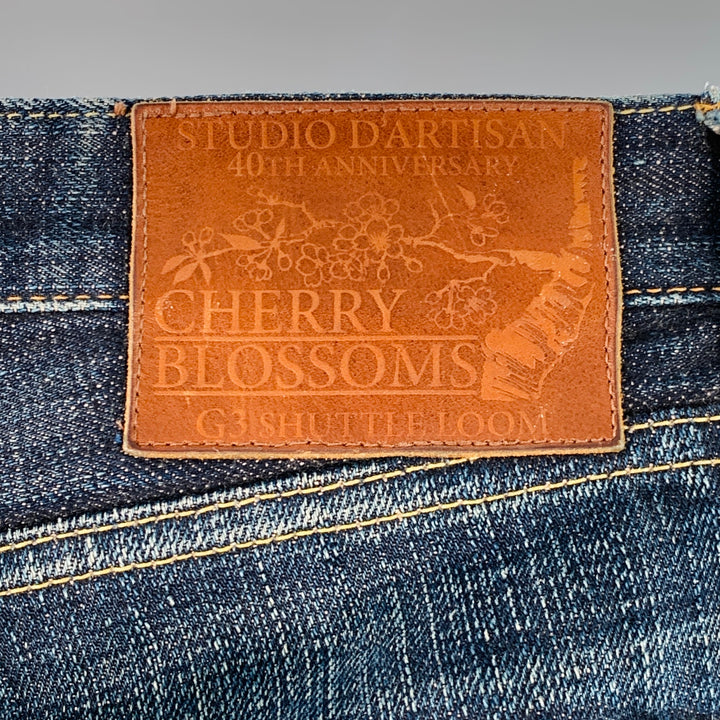 STUDIO D'ARTISAN Size 32 Cherry Blossom Ai-Sa Limited Edition Indigo Textured Cotton 5 Pocket Selvedge Jeans