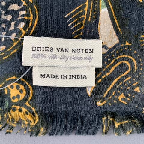 DRIES VAN NOTEN Black Yellow Abstract Silk Pocket Square