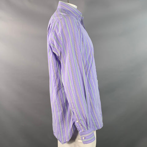 Chemise à manches longues Ralph Lauren, taille XL, en coton à rayures lilas, vertes et blanches, coupe ajustée.