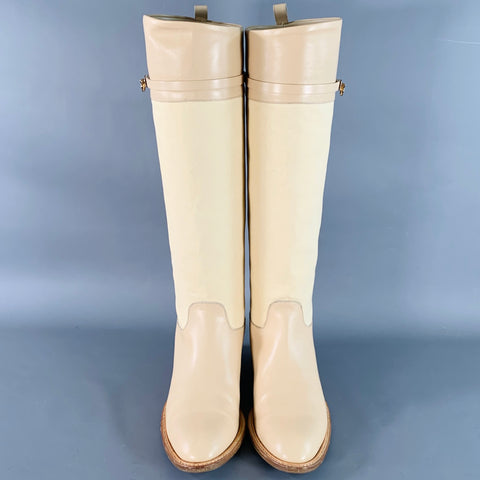 SALVATORE FERRAGAMO Bottes hautes en cuir et toile beiges Taille 8