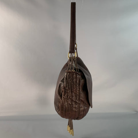 DONNA KARAN Brown Gold Leather Leather Shoulder Bag Handbag