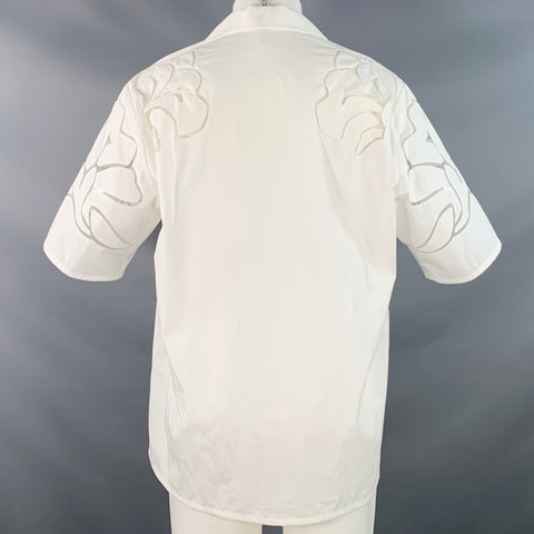 VALENTINO Taille M Chemise Manches Courtes En Dentelle De Coton Et Soie Avec Patte De Boutonnage Cachée Blanche