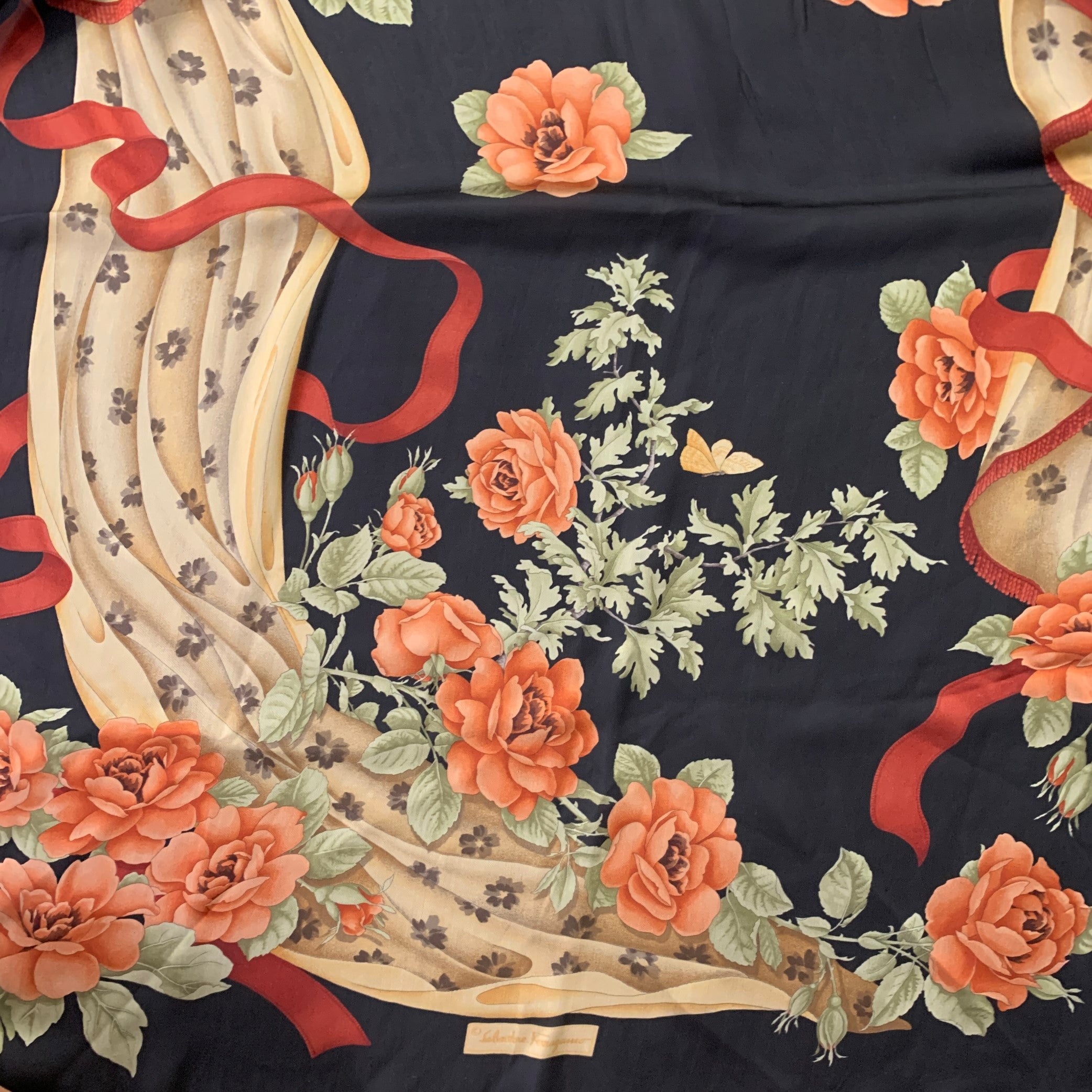 SALVATORE FERRAGAMO Black Red Floral Silk Scarf Shawl – Sui