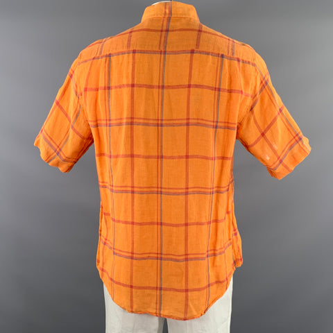 ERMENEGILDO ZEGNA Size L Orange Red & Blue Plaid Short Sleeve Shirt