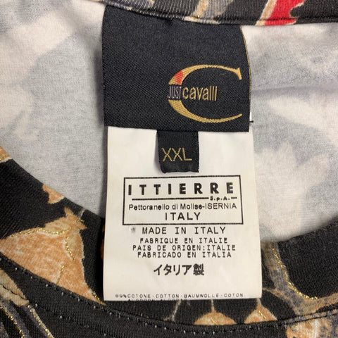 JUST CAVALLI Size XXL Black Cream Birds Cotton Blend Crew Neck T-shirt