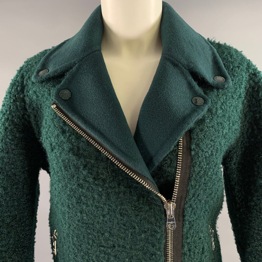 SANDRO Size 3 Teal Polyester Wool Moto Racer Coat