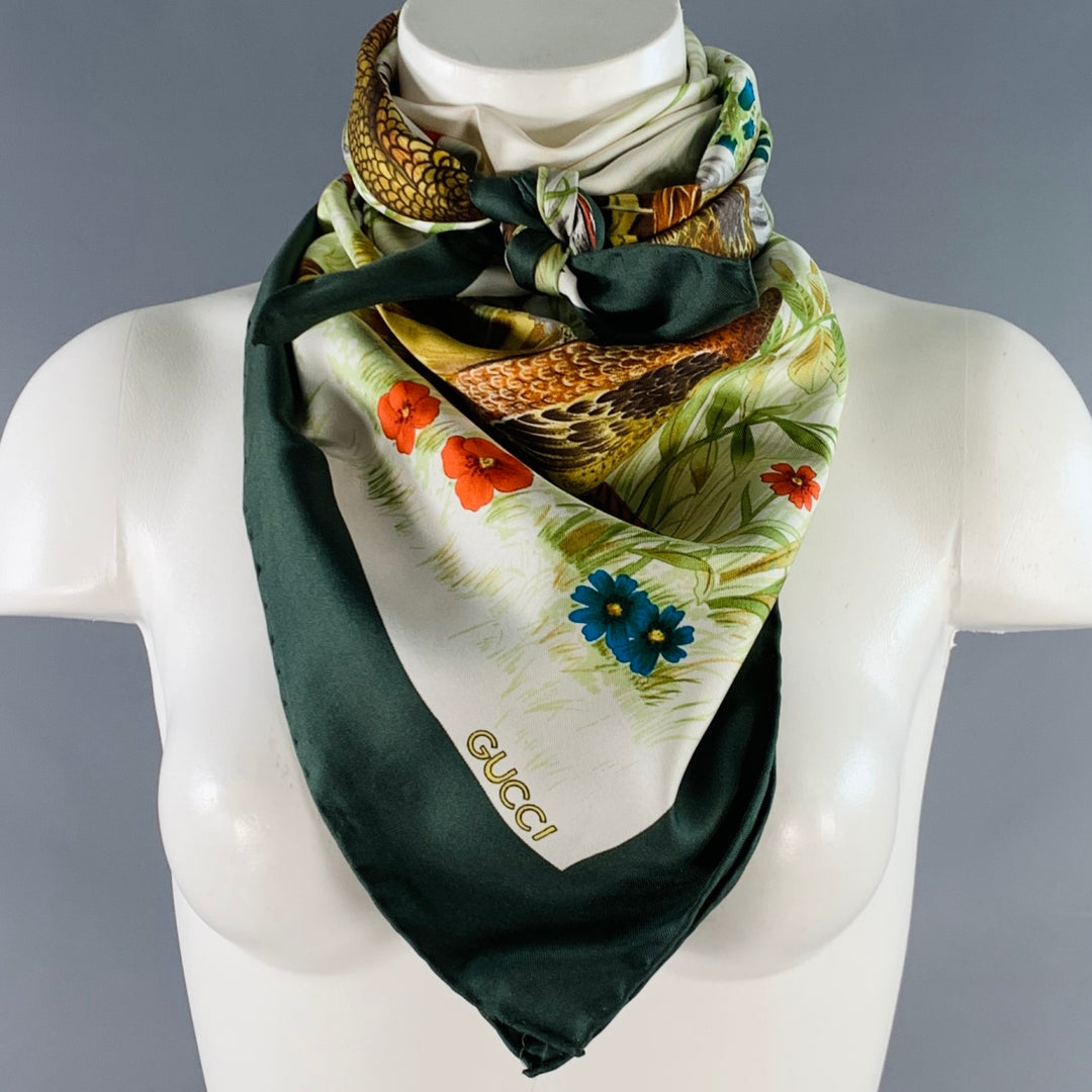 GUCCI Green Multi Color Birds Silk Square Scarf Shawl