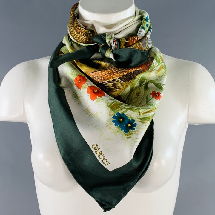 GUCCI Green Multi Color Birds Silk Square Scarf Shawl