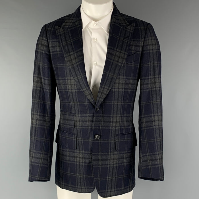 TOM FORD Chest Size 36 Navy Grey Plaid Wool Cashmere Peak Lapel Sport Coat