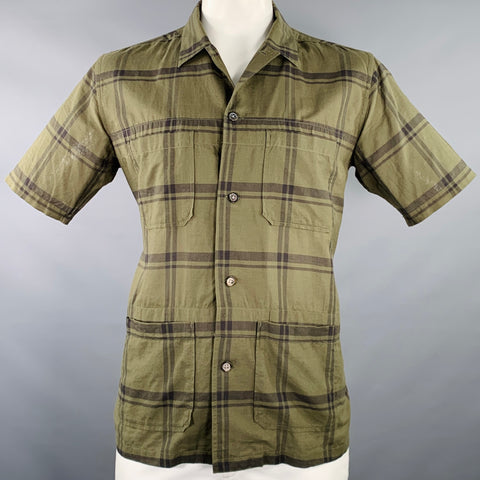 SAGE DE CRET Size L Green Black Plaid Cotton Silk Short Sleeve Shirt