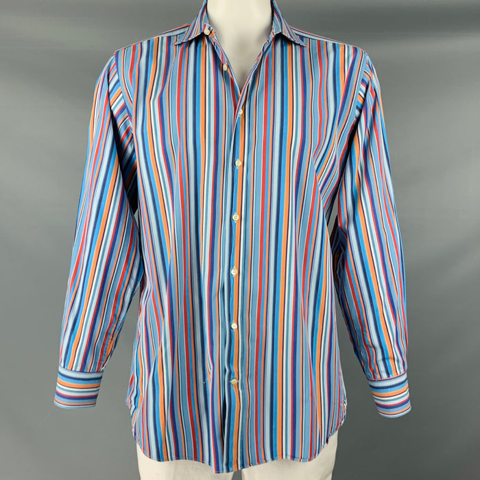 ETRO Size L Blue Multi Color Stripe Cotton Button Up Long Sleeve Shirt
