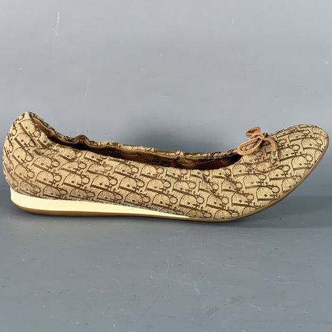 CHRISTIAN DIOR Size 9.5 Tan Brown Canvas Oblique Monogram Slip On Bow Flats