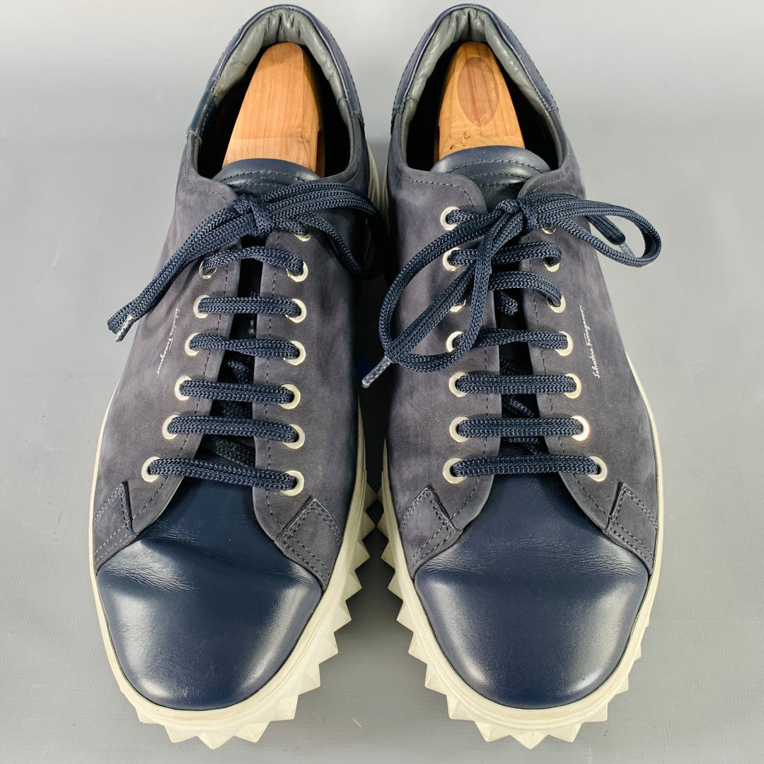 SALVATORE FERRAGAMO Size 10 Navy Suede Leather Lace-Up Sneakers