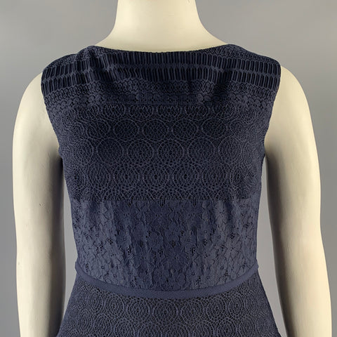TALBOT RUNHOF Size 12 Navy Cotton Blend Scoop Neck Mid-Calf Dress