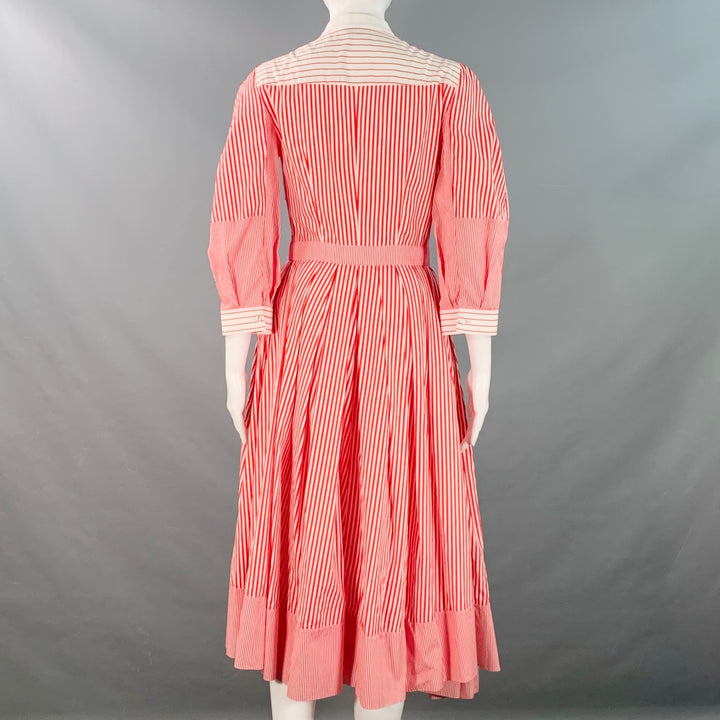 ALEXANDER MCQUEEN Size 2 Red White Cotton Stripe Collarless Asymmetrical A-Line Dress