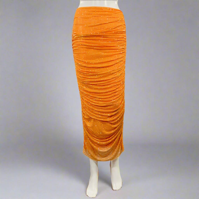 SELF-PORTRAIT Size 4 Hotfix Orange Silver Mesh Rhinestones Elastic Waistband Skirt