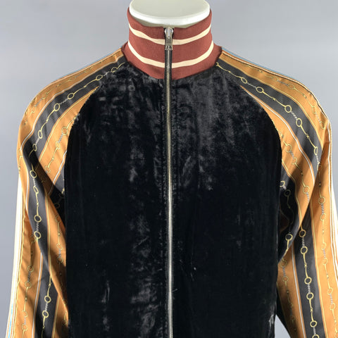 GUCCI Size XL Black Gold Burgundy Chain Print Viscose Silk Track Jacket